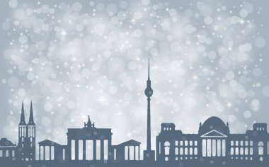 Berlin Şehri silueti, kışın yağan gümüş soyut kar.