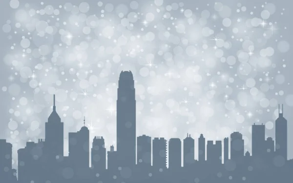 Hong Kong City silhouette , silver abstract snow falling winter christmas