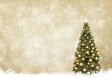 Altın Noel ağacı topları, soyut arkaplan karı