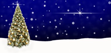 Altın Noel ağacı topları afişi, soyut arkaplan karı