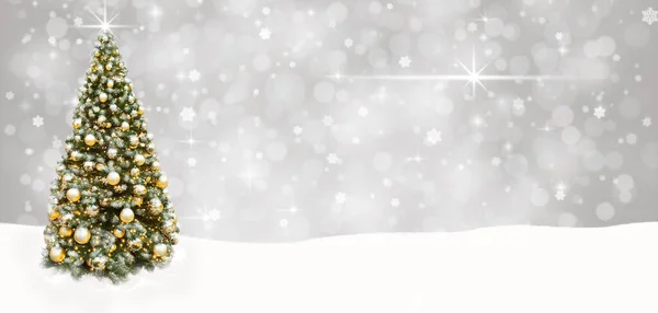 Altın Noel ağacı topları afişi, soyut arkaplan karı