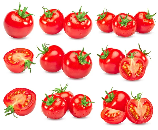 Zbiór Świeżych Pomidorów Izolowanych Białym Tle Ścieżka Wycinania — Zdjęcie stockowe