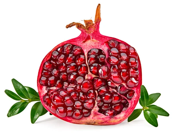 Piece Pomegranate Seeds Green Leaves Isolated White Background Clipping Path — Stock Photo, Image