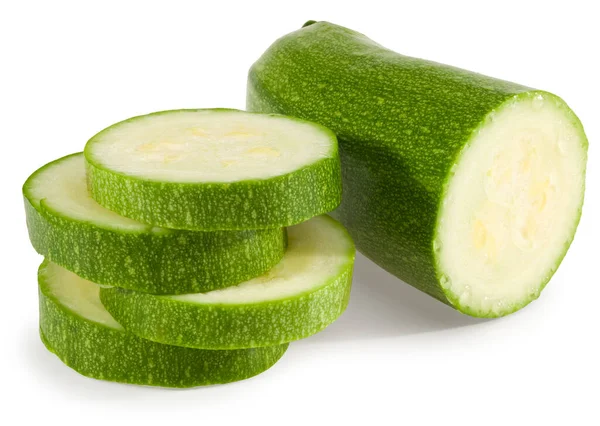 Zucchine Verdi Fresche Fette Midollo Isolato Sfondo Bianco Piena Profondità — Foto Stock