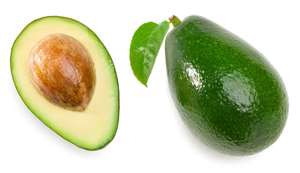 Verse Avocado Met Plakjes Geïsoleerd Witte Achtergrond Bovenaanzicht Knippad — Stockfoto