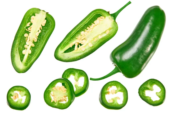 Szeletelt Jalapeno Paprika Izolált Fehér Alapon Zöld Chilis Paprika Capsicum — Stock Fotó