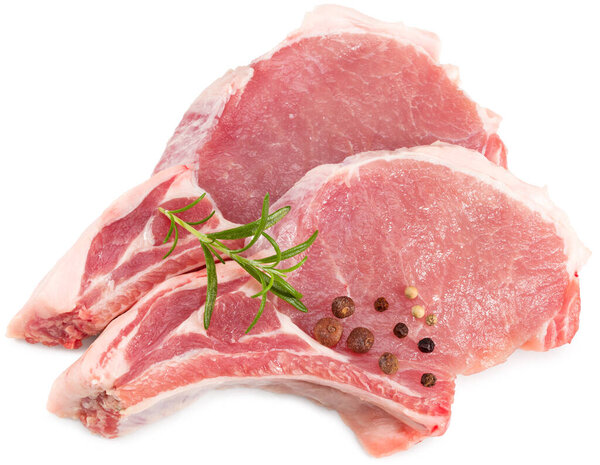 raw pork meat with rosemary isolated on white background. clipping path