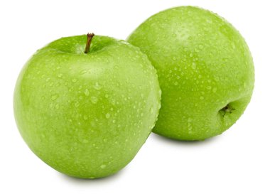 Beyaz arka planda izole edilmiş iki yeşil elma. kırpma yolu