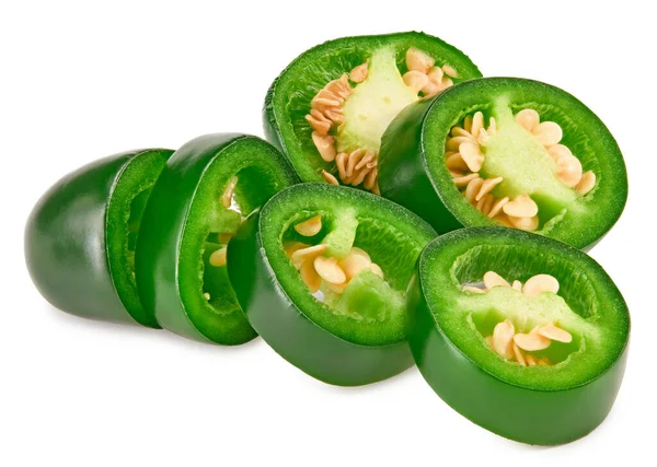 Scheiben Geschnittene Jalapeño Paprika Isoliert Auf Weißem Hintergrund Grüne Chilischote — Stockfoto