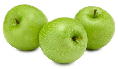 Beyaz arka planda izole edilmiş üç yeşil elma. kırpma yolu