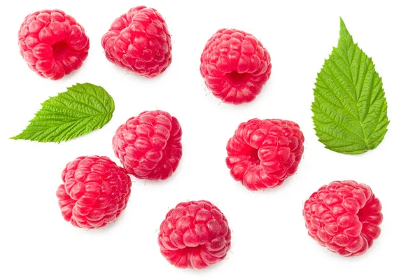 Ripe Raspberries Green Leaf Isolated White Background Clipping Path Top — Stock Photo, Image