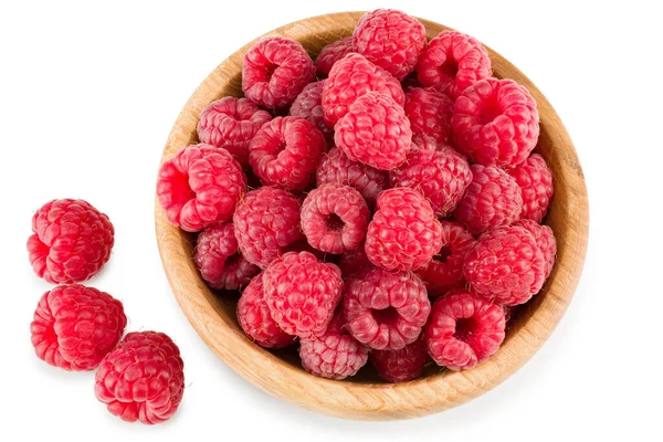 Ripe Raspberries Wooden Bowl Isolated White Background Clipping Path Top — Stock Photo, Image