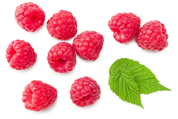 Ripe Raspberries Green Leaf Isolated White Background Clipping Path Top — Stock Photo, Image