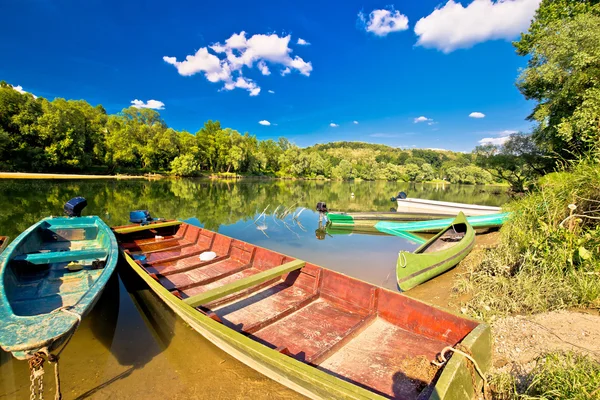 Vecchie barche di legno sul fiume Drava — Foto Stock