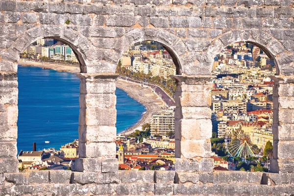 Città Nizza Promenade Des Anglais Vista Aerea Lungomare Attraverso Finestre — Foto Stock