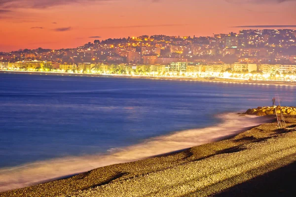 Wieczorny Widok Plażę Miasta Nicea Riwierze Francuskiej Alpy Maritimes Region — Zdjęcie stockowe
