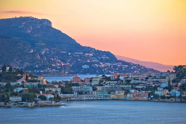 Villefranche Sur Mer Idyllisk Fransk Riviera Bugt Cap Ferrat Solopgang - Stock-foto