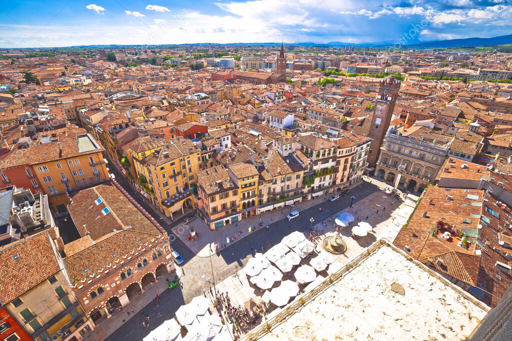 City of Verona aerial view from Lamberti tower, rooftops of old town, Veneto region of Ital
