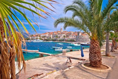 Korcula. Korcula adasının tarihi kenti palmiye kıyısı manzarası, güney Dalmaçya takımadası, Hırvatistan
