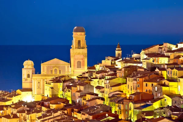 Colorida Costa Azur Ciudad Menton Arquitectura Vista Noche Departamento Alpes — Foto de Stock