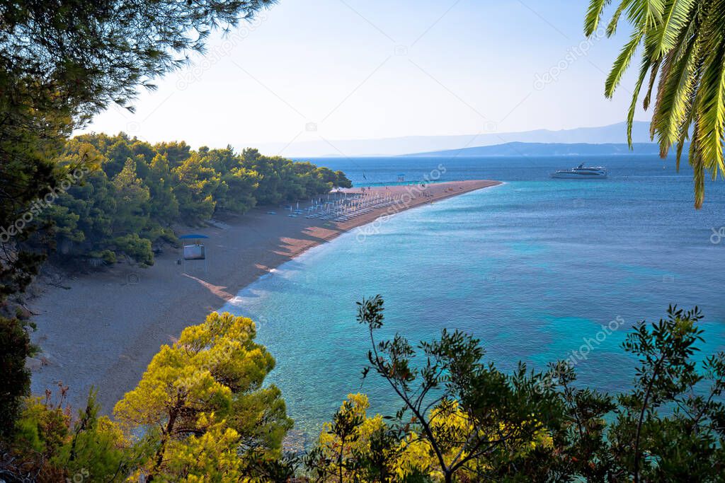 Zlatni Rat famous turquoise beach in Bol on Brac island view, Golden Horn, Dalmatia archipelago of Croati