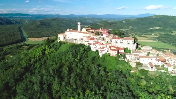 Motovun. Vue aérienne de la ville idyllique de Motovun, entourée de murs de pierre de défense et de la vallée de la rivière Mirna. Istrie région de Croatie — Video