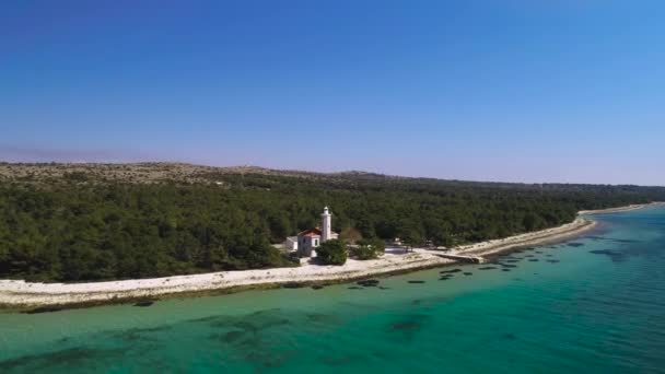 Letecký Pohled Maják Tyrkysovou Pláž Ostrova Vir Chorvatské Souostroví Dalmácie — Stock video