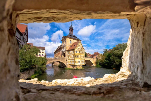 Bambergben Szcenírozott Kilátás Régi Városháza Bamberg Altes Rathaus Két Híddal — Stock Fotó