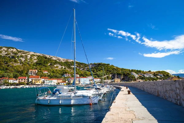 Sailing harbor in Baska waterfront view, town on Krk island, Croatia