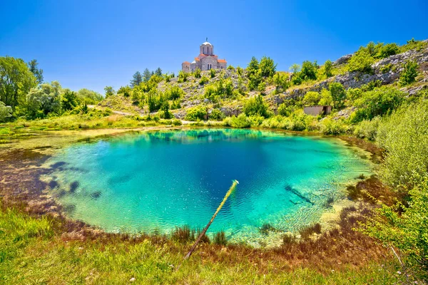 Cetina River Source Water Hole Orthodox Church Hill View Dalmatian — Stock Photo, Image