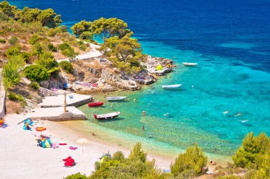 Idyllic Adriatic beach Bilo near Primosten view, archipelago of Dalmatia in Croatia