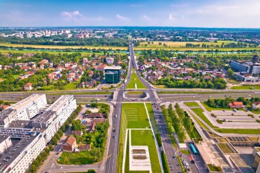 Aerial view of Zagreb and Sava river near fountains square, capital of Croatia