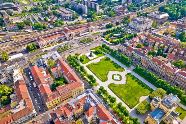 Zagreb Hauptbahnhof Und König Tomislav Platz Luftaufnahme Hauptstadt Von Kroatien — Stockfoto