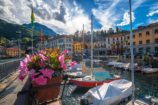 Town of Menaggio harbor on Como lake waterfront view, Lombardy region of Italy