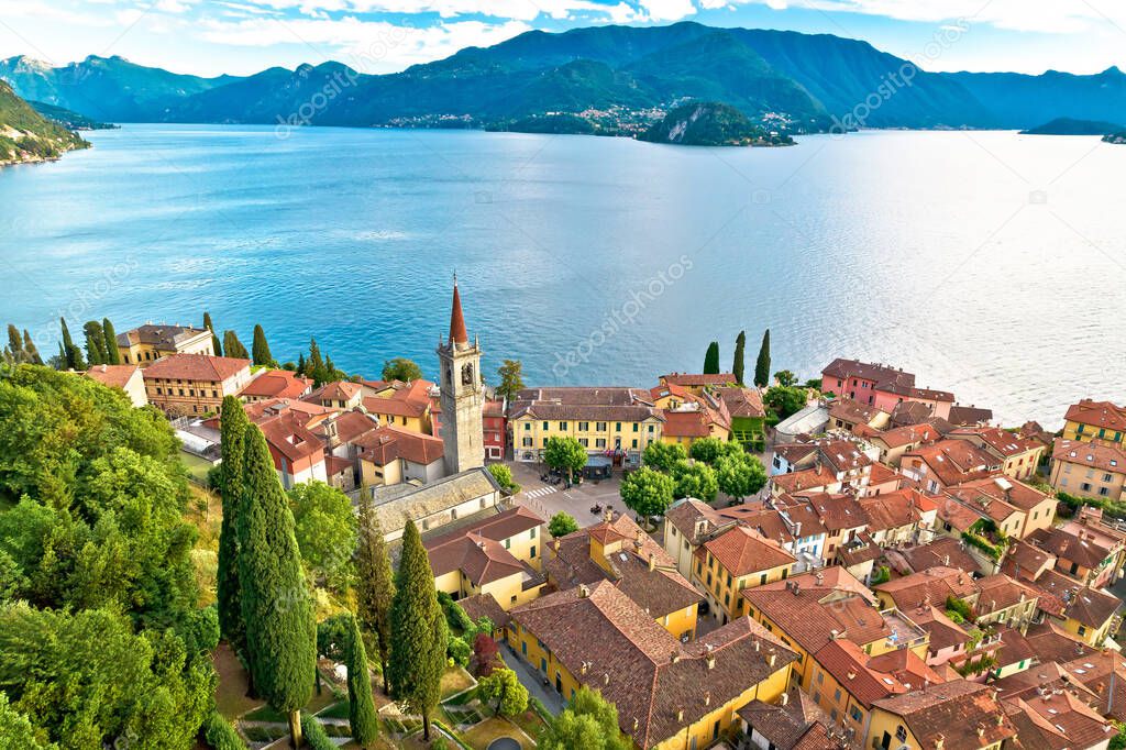 Como Lake and town of Varenna aerial view, Lombardy region of Italy