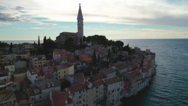 Staden Rovinj Historiska Centrum Flygfoto Berömda Turistmål Istrien Regionen Kroatien — Stockvideo