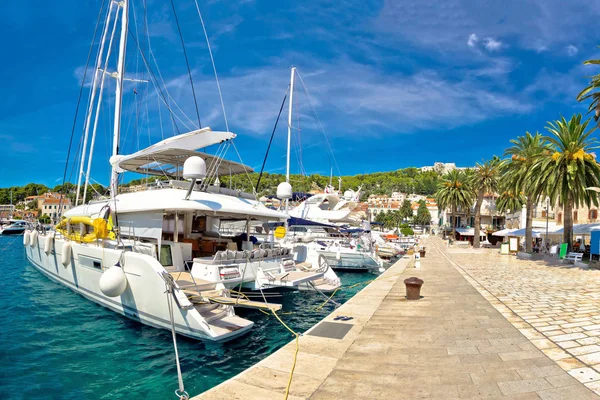 Hvar waterfront sailboat in yachting harbor 스톡 사진