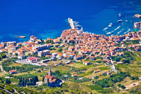 Komiza on Vis island aerial view — Stok fotoğraf