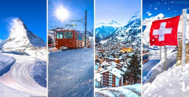 Zermatt köyü ve Matterhorn kış cenneti kayak bölgesi kış kolajı kartpostal manzarası. İsviçre 'nin manzarası