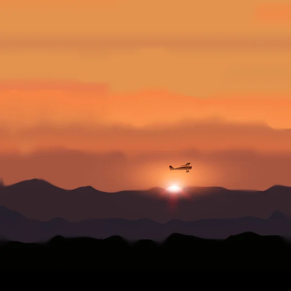 Montaña de paisaje con puesta de sol y avión — Vector de stock