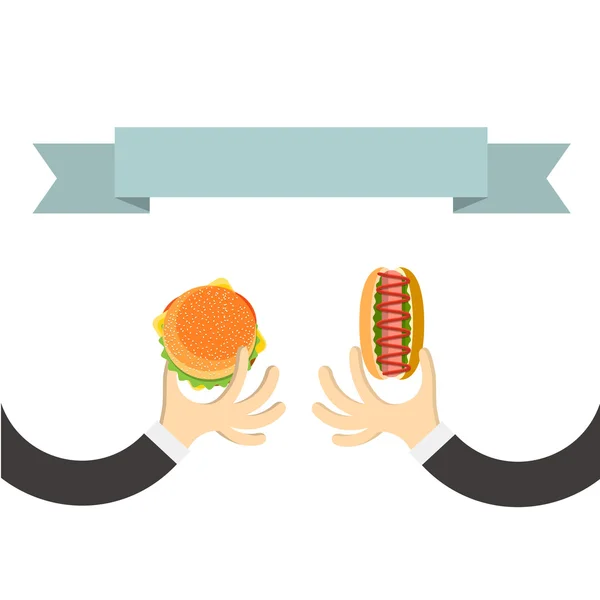 Manos con hamburguesa y con hot dog — Vector de stock