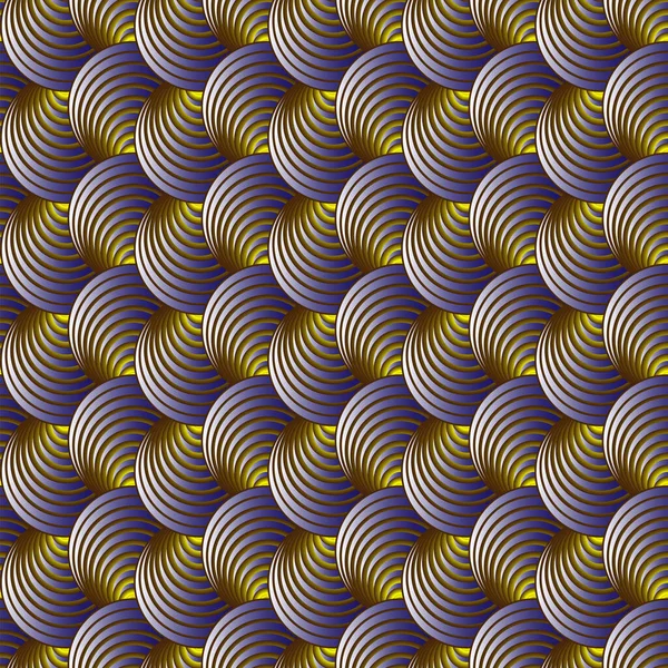 トレンディな色の黄金とライラックグラデーション シームレスな背景を持つサイケデリックな円形の光学パターン ベクトル壁紙レトロスタイル 幻想現代1960年代 — ストックベクタ