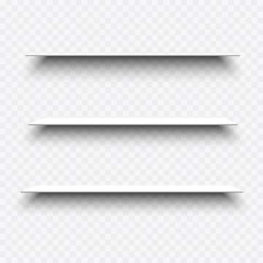 Şeffaf arkaplanda gölgeler olan beyaz boş raflar. 3d gerçekçi vektör tasarım ögeleri ayarlandı
