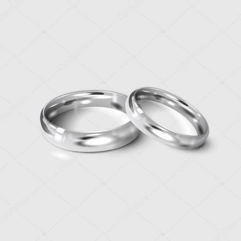 Silver wedding rings isolated on white. 3d realistic vector illustration