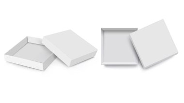 Beyaz kutu maketi, 3d tarzı, vektör kümesi. Açık kapaklı, boş kareli, boş kağıt kutu maketi şablonu olan boş, boş, gerçekçi paket kare kutular. Vektör illüstrasyonu