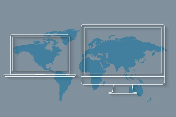 Desktop computer en laptop op kaart van de wereld — Stockvector