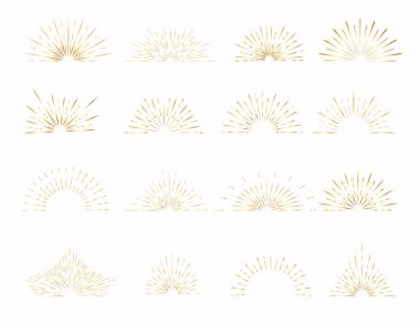 Beyaz arka planda logo tasarımı elementleri olan izole altın renkli güneş ışınları kümesi..