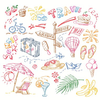 Dinlenme, sahil ve deniz teması üzerine renkli kalemle yazılmış farklı el yazıları.