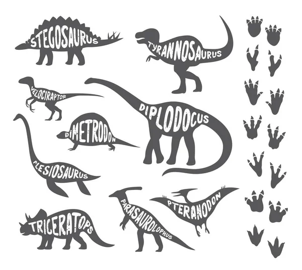 Ensemble Avec Différents Types Dinosaures Peints Traces Empreintes Leurs Jambes — Image vectorielle