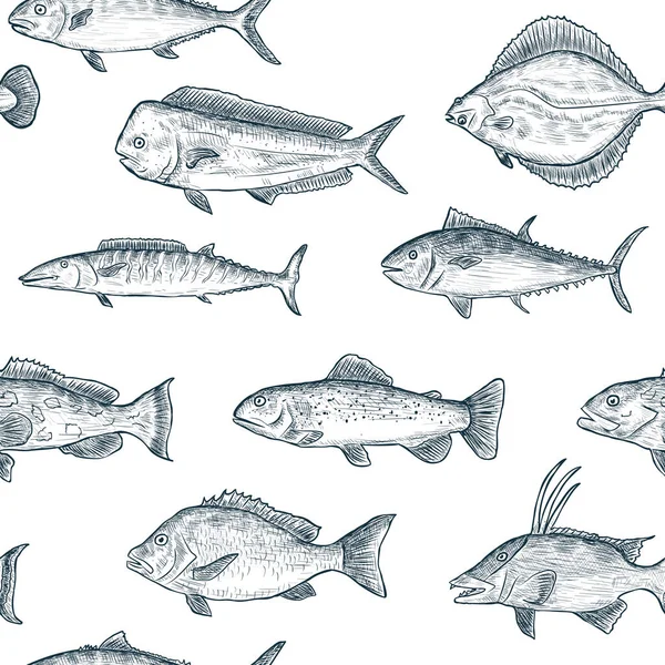 Modèle Sans Couture Poissons Noirs Isolés Dessinés Main Sur Fond — Image vectorielle